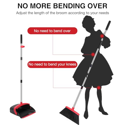 Broom and Dustpan Set with 52-Inch Long Handle and Built-in Comb Teeth