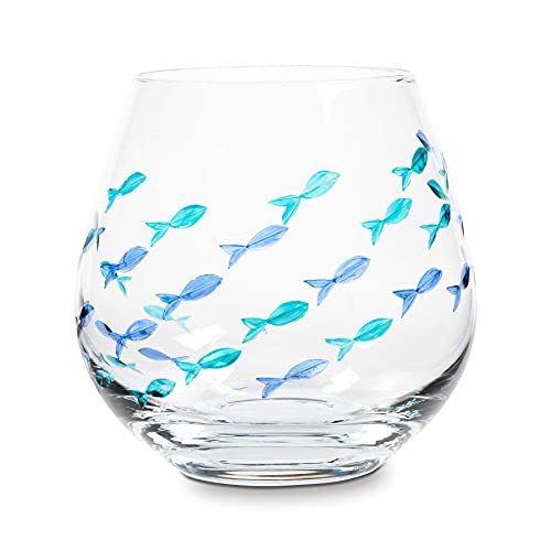 Hand-Painted Fish Stemless Wine Glass Goblet - 21 oz Artisan Glassware