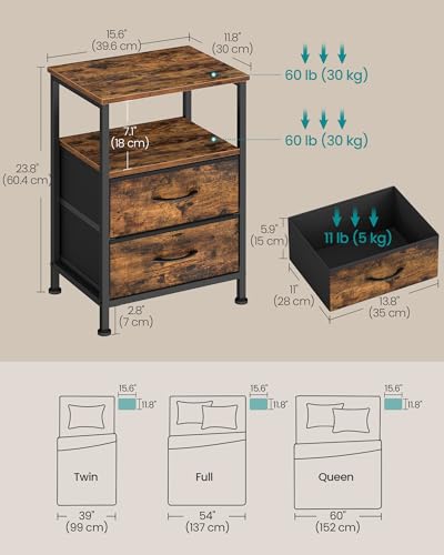 Industrial 2-Drawer Nightstand Set with Open Shelf, Rustic Brown