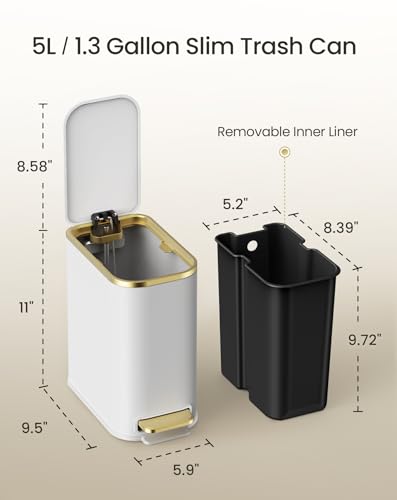 Small Bathroom Trash Can 1.3 Gallon White with Gold Lid and Pedal