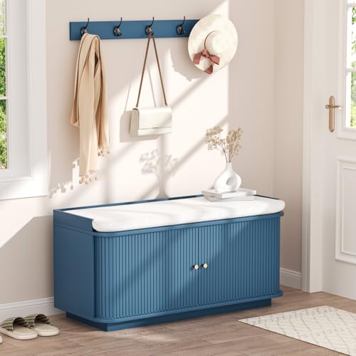 Entryway Hall Tree with Padded Bench, Shoe Storage, and 5 Metal Hooks