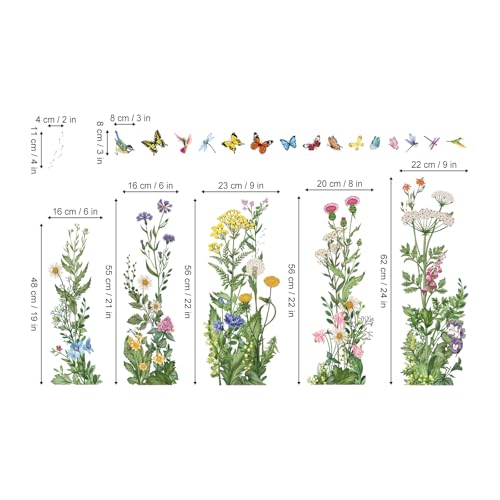 Wild Flowers Window Clings - Double-Sided PVC Decals, 9 Sheets