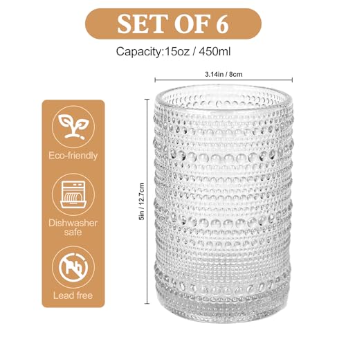 Vintage Hobnail Drinking Glasses Set - 15 oz Embossed Glass Tumblers (6 Pack)