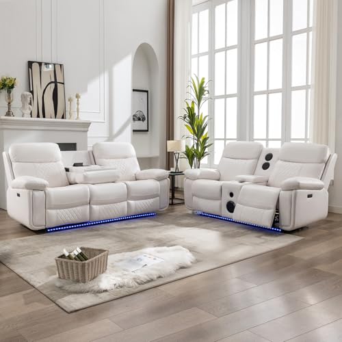 Power Recliner Sofa Set with Wireless Charger, LED Lights & Speakers