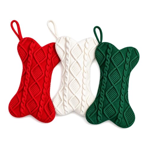 Bone-Shaped Dog Christmas Stocking 3-Pack with Cable Knit, Large 16.5 x 9.6 in