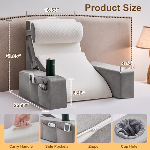 Reading Pillow with Arms and Cup Holder for Back Support
