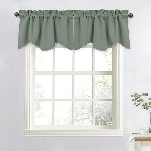 NICETOWN Scalloped Window Valance for Bedroom, Blackout Valance Curtains for Living Room, Kitchen Curtains Valances for Small Window (52x18 Inch, Sage Green, 4 Panles)