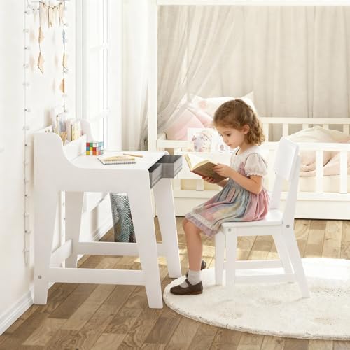 Kids Wooden Desk and Chair Set with Storage Drawers for Study
