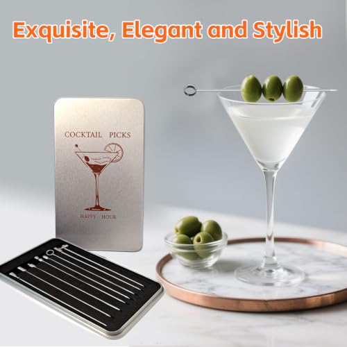 Silver 9 Pcs Stainless Steel Martini Cocktail Picks Set - Reusable Garnish Skewers