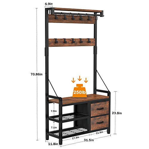 Rustic Hall Tree with Bench, Shoe Storage, 17 Hooks and 2 Drawers