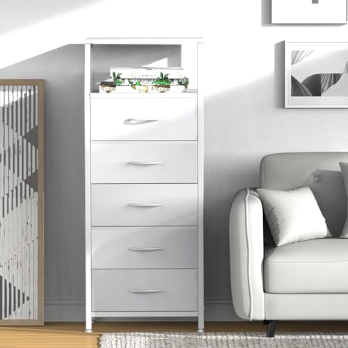 5-Drawer Tall Fabric Dresser with Wood Top and Steel Frame