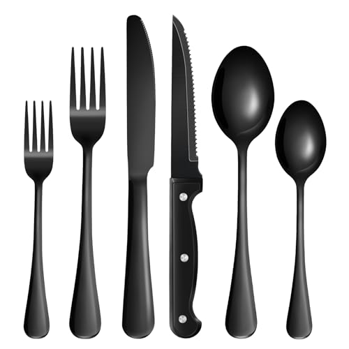 24-Piece Black Stainless Steel Flatware Set with Steak Knives for 4