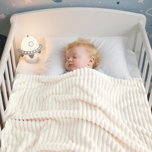 Soft Fleece Baby Blanket - Reversible Striped Infant Blanket, 30x40 Inch, Cream