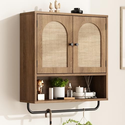 Boho Rattan Wall Cabinet with Arched Doors and Towel Bar, Rustic Oak