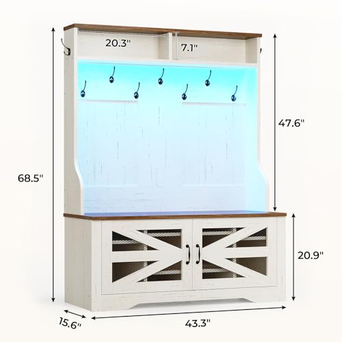 5-in-1 Entryway Hall Tree with Shoe Storage Bench, Coat Rack and LED Lights