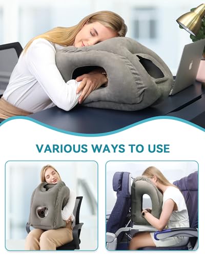 Inflatable Travel Neck Pillow for Airplanes, Cars & Office - Grey