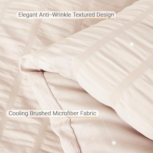 7-Piece Queen Seersucker Comforter Set - All-Season Bed in a Bag, Beige