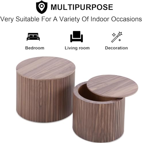 Round Nesting Coffee Table Set with Hidden Storage, Fluted Wood Accent Tables