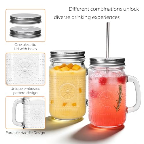 Encheng Silver Mason Jar Cups with Handle 16 oz, Vintage Glass Drinkware with Lids & Straws – Reusable Food Storage & Beverage Glasses, 12 Pack