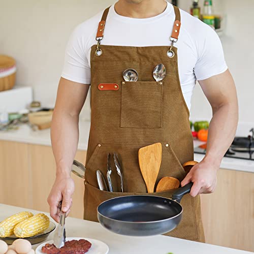 Heavy Duty 100% Cotton Canvas BBQ Apron with Pockets - Adjustable Cross Back