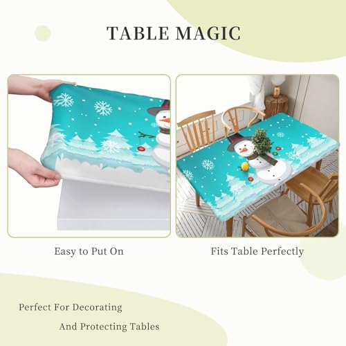 Fiokroo 60x30 Inch Xmas Snowman Xmas Tablecloth with Elastic Edge for Rectangular Tables