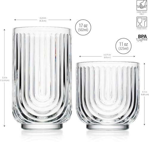 16-Piece Ribbed Glassware Set, Art Deco Highball and DOF Drinking Glasses