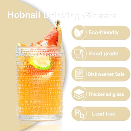 Hobnail Glass Drinking Set of 12 - 10oz & 12oz Vintage Beaded Glassware