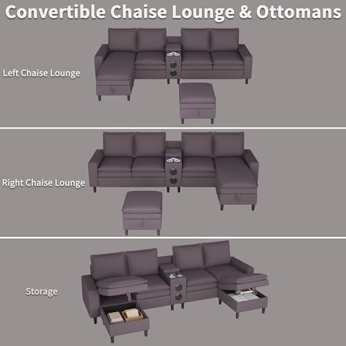 120" Sectional Sofa with Bluetooth Speaker, Wireless Charging & Storage