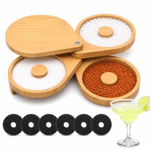 Wadoy 3-Tier Bamboo Cocktail Rimmer Set with Protective Lid & Replaceable Sponges
