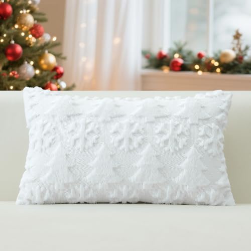 OTOSTAR 2-Pack Christmas Tree Snowflake Faux Fur Pillow Covers 12x20 White