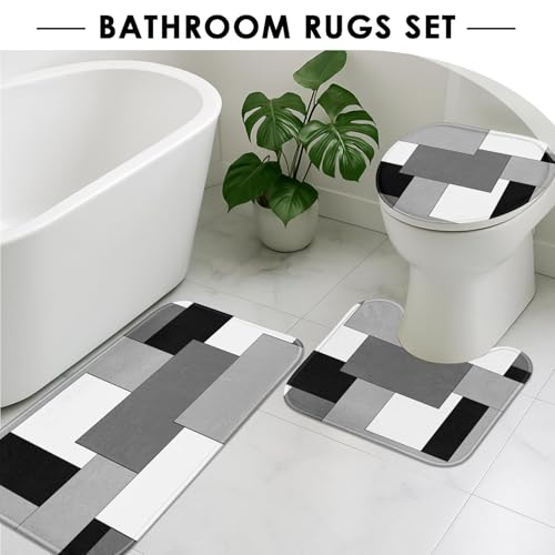 4-Piece Modern Geometric Bathroom Set with Shower Curtain and Non-Slip Rugs