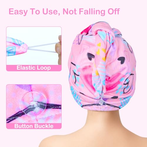 FIOBEE Love Microfiber Kids Hair Towel Wrap - Quick Dry Hair Turban for Girls, 2 Pack