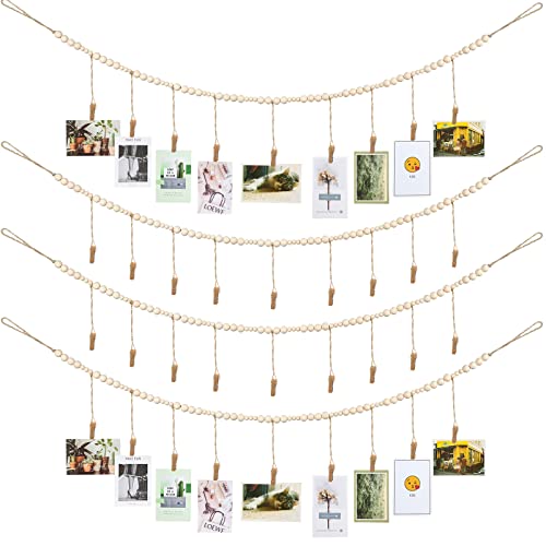 4 Pack Boho Wooden Bead Photo Garland with Clips for Wall Photo Display