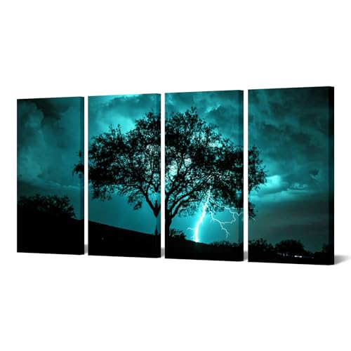 NutArtPic Teal 4-Piece Tree Canvas Wall Art 12x24 set of Framed Landscape Paintings