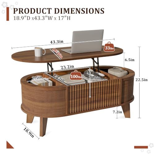Fluted Lift Top Coffee Table with Hidden Storage, Walnut Wood Oval Table