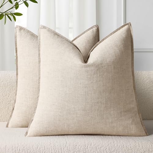 decorUhome Beige Linen Throw Pillow Covers 20x20 Set of 2 with Flange Edge