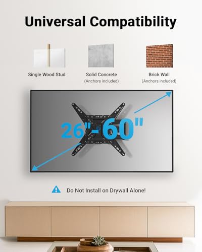 Full Motion TV Wall Mount for 26-60 Inch Screens, Single Stud Bracket