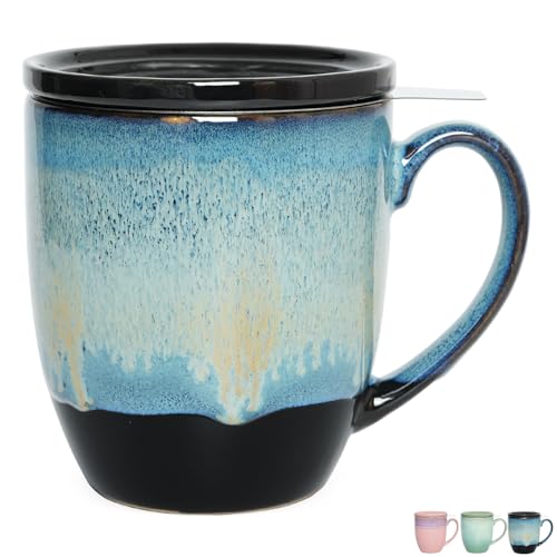 Bosmarlin 16 Oz Blue Ceramic Tea Mug with Infuser & Lid - Microwave & Dishwasher Safe