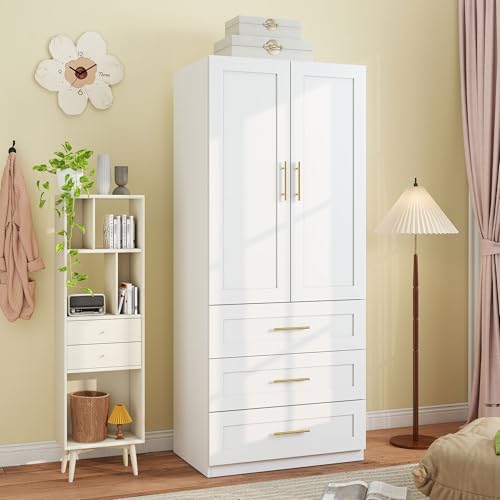 Modern White Wardrobe Armoire with 3 Drawers and Hanging Rod, 75 Inch