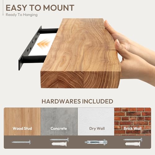 24-Inch Live Edge Floating Shelves - Rustic Reclaimed Elm Wall Shelves (2-Pack)