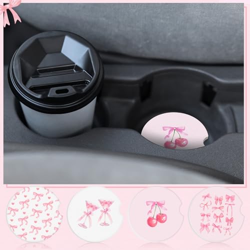 4 Pcs Pink Bow Car Coasters for Cup Holders - 2.56" Absorbent Ceramic, Boao (Pink Bow Variation)