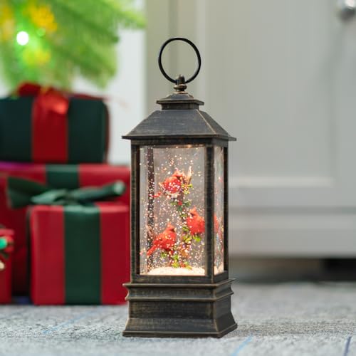 10-Inch Musical Christmas Snow Globe Lantern with Red Cardinals & Timer