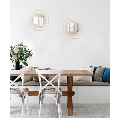 12-Inch Round Gold Wall Mirror Set - Decorative Iron Frame Wall Art (2 Pack)