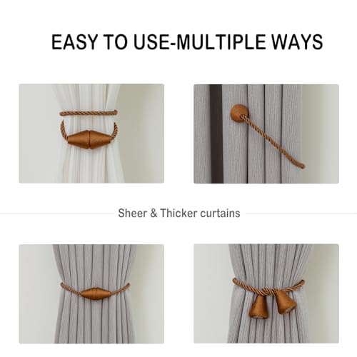Magnetic Curtain Tiebacks 4 Pack - Decorative Rope Holdbacks for Drapes