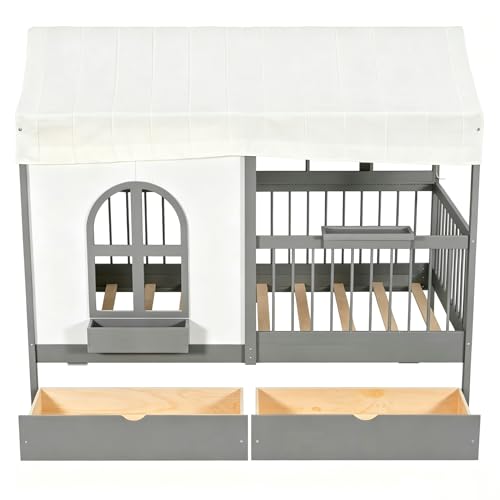 Twin Size House Bed with Storage Drawers, Bookshelf, and LED Lighting