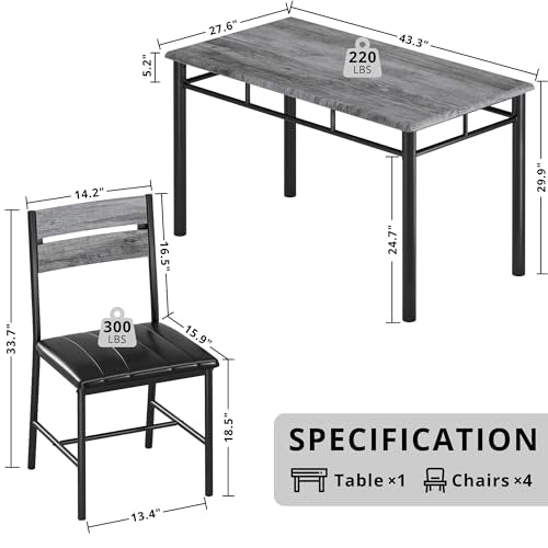 5-Piece Space-Saving Dining Table Set for 4 with Upholstered Chairs, Grey