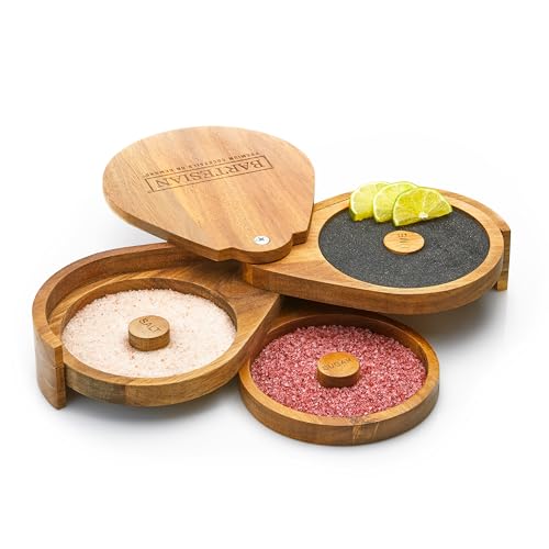 Bartesian Bamboo Wood 3-Tier Cocktail Rimmer Set with Salt, Sugar & Lime Compartments