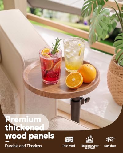 360° Swivel Side Table with Adjustable Height, Walnut Round Snack Tray