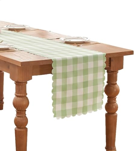 Luxedevin Green and White Gingham Table Runner 71" x 14" - Washable, Double-Sided, Yarn-Dyed