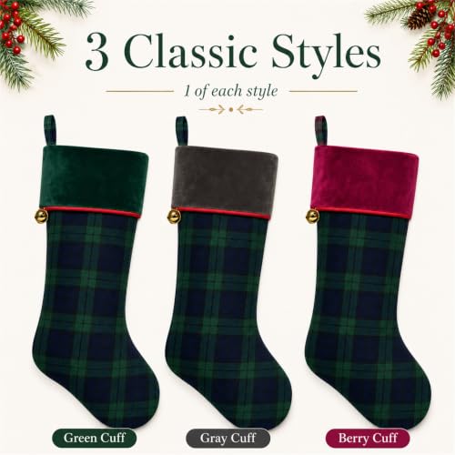 3 Pack Christmas Stockings 20'' Plaid with Velvet Cuffs - Tartan Christmas Stockings